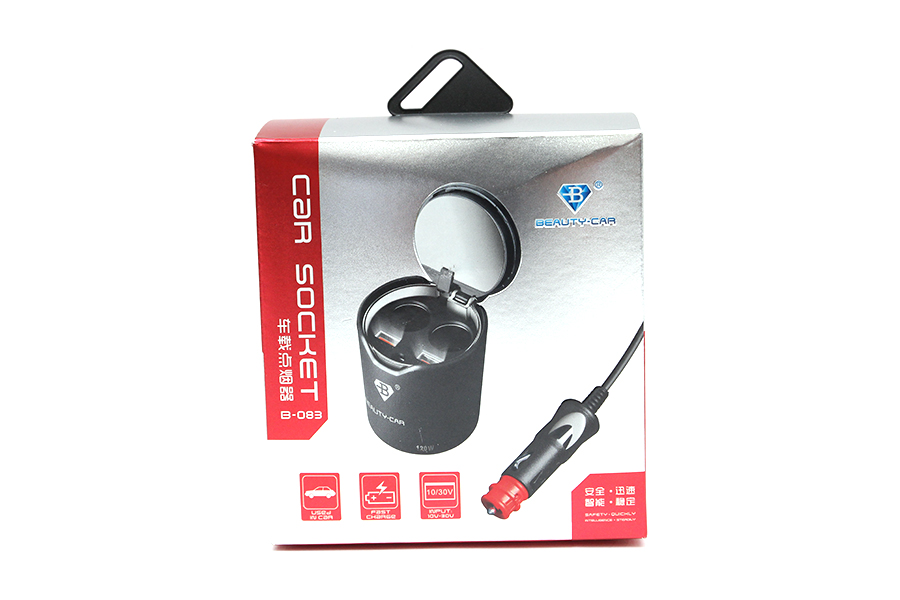 Cốc sạc 2 lỗ + 2 cổng USB có nắp đậy (có dây) B-083 黑 đen