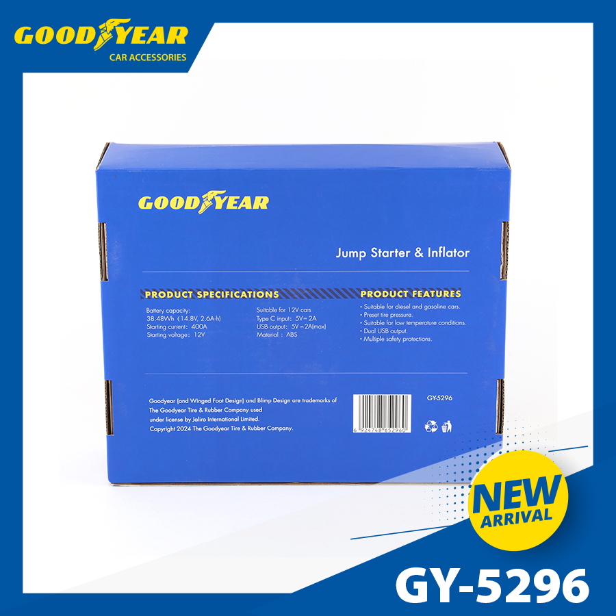 Bộ kích điện+bơm hơi Goodyear GY-5296 12V 10400mAh - 400A - 38.48Wh-2.6A 150PSI-21L/min mặt đồng hồ điện tử