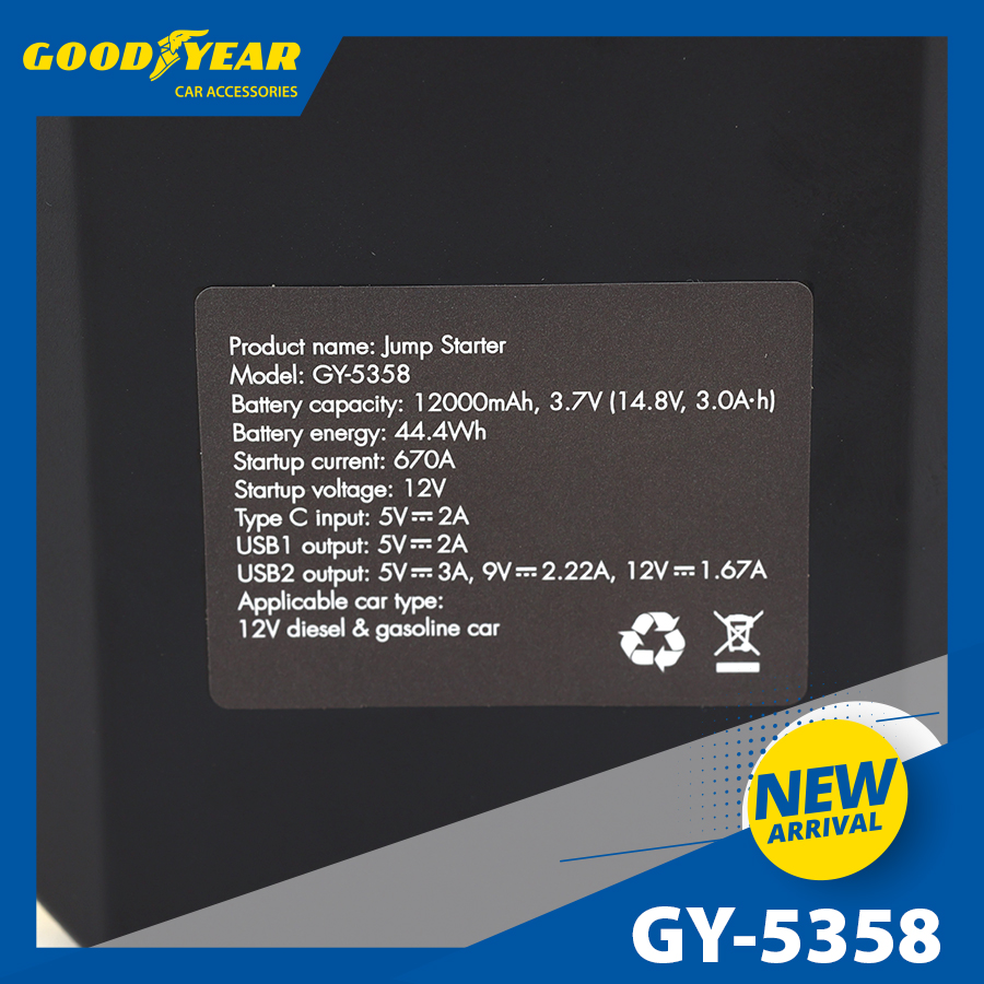 Bộ kích điện GOODYEAR GY-5358 12V 12000mAh - 670A - 44.4Wh - 3.0A mặt đồng hồ điện tử