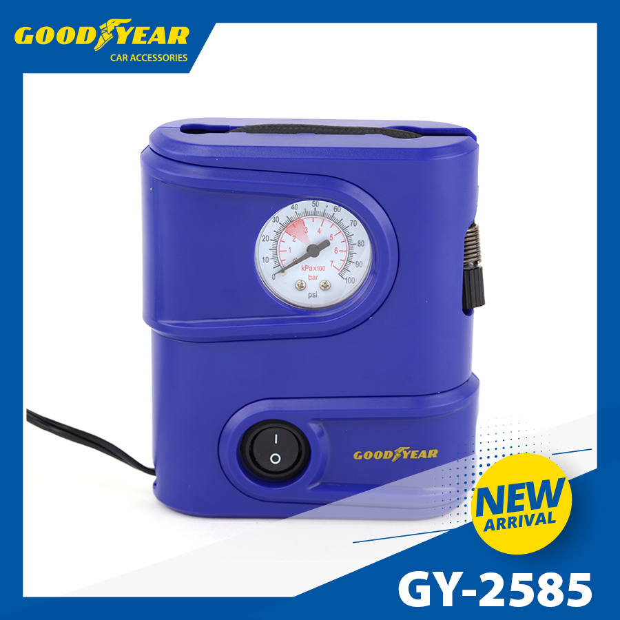 Máy bơm hơi mini vuông GOODYEAR GY-2585 12V - 75W - 10A - 100psi - 32L/min mặt đồng hồ cơ