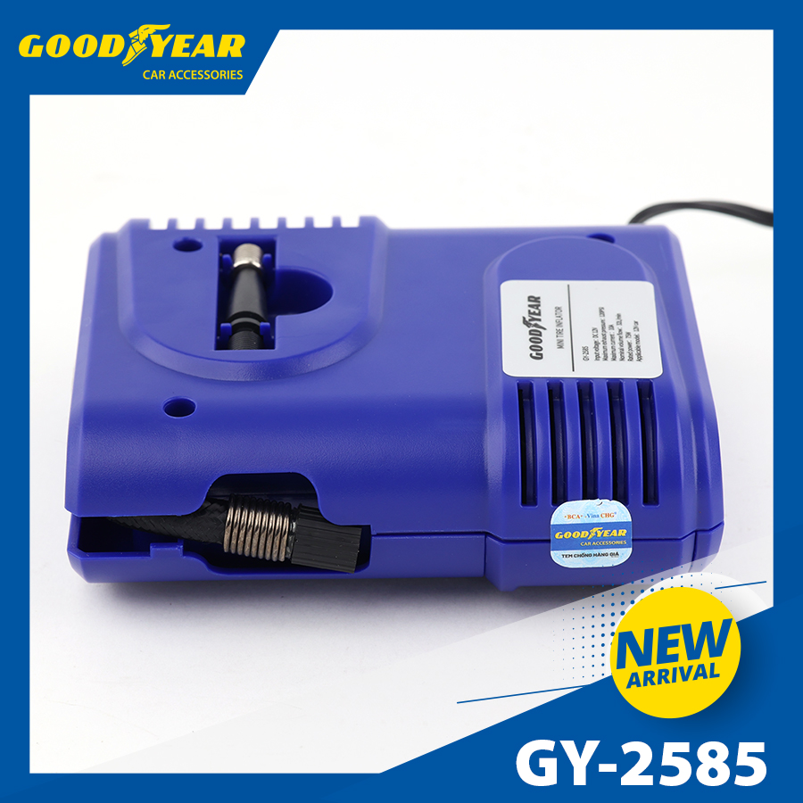 Máy bơm hơi mini vuông GOODYEAR GY-2585 12V - 75W - 10A - 100psi - 32L/min mặt đồng hồ cơ