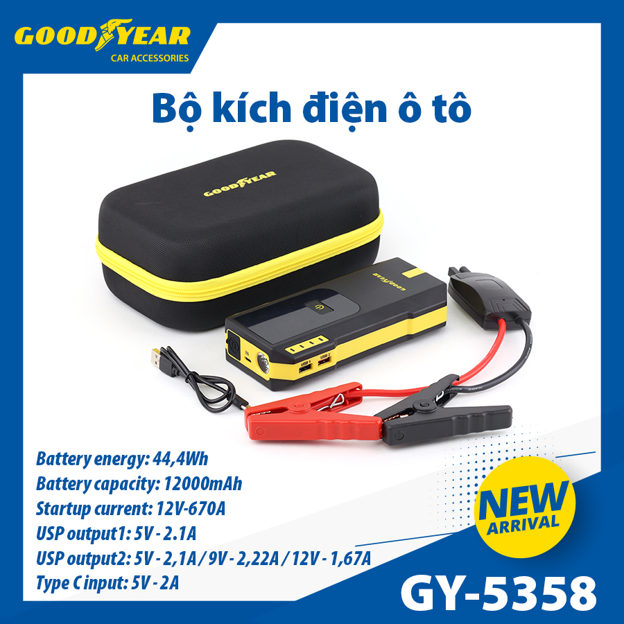 Bộ kích điện GOODYEAR GY-5358 12V 12000mAh - 670A - 44.4Wh - 3.0A mặt đồng hồ điện tử