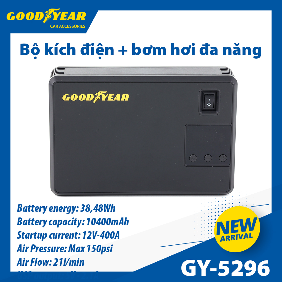 Bộ kích điện+bơm hơi Goodyear GY-5296 12V 10400mAh - 400A - 38.48Wh-2.6A 150PSI-21L/min mặt đồng hồ điện tử