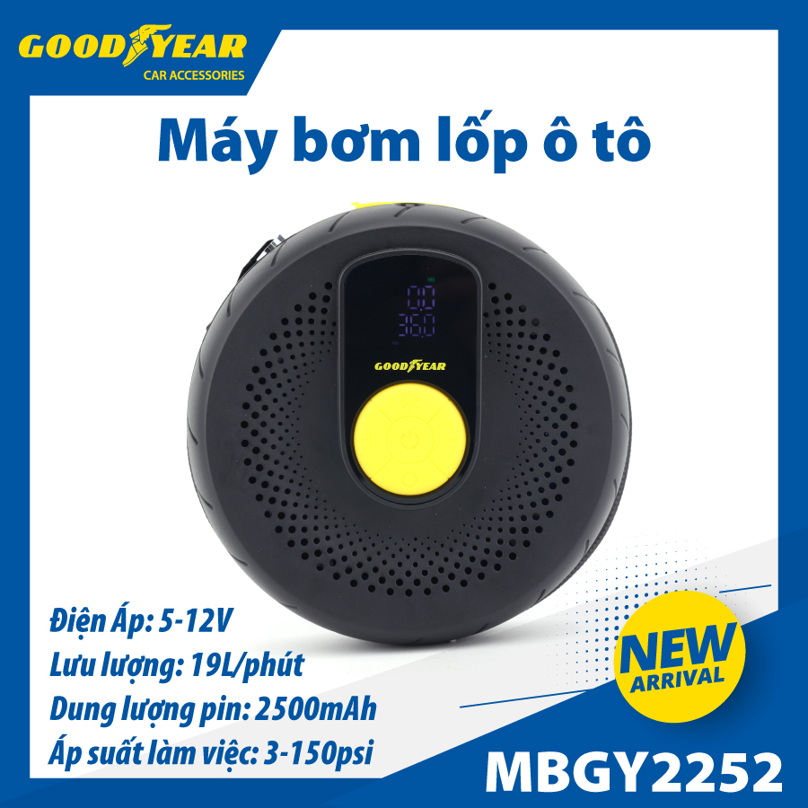 Máy bơm điện tử tròn GOODYEAR GY-2252 12V-2500mAh-27.7 Wh-60W-150psi-19L/min mặt đồng hồ điện tử