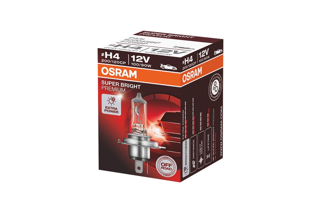 Bóng Halogen Super Bright Premium H4 12V 100/90W (P43T) 62204SBP Hiệu Osram