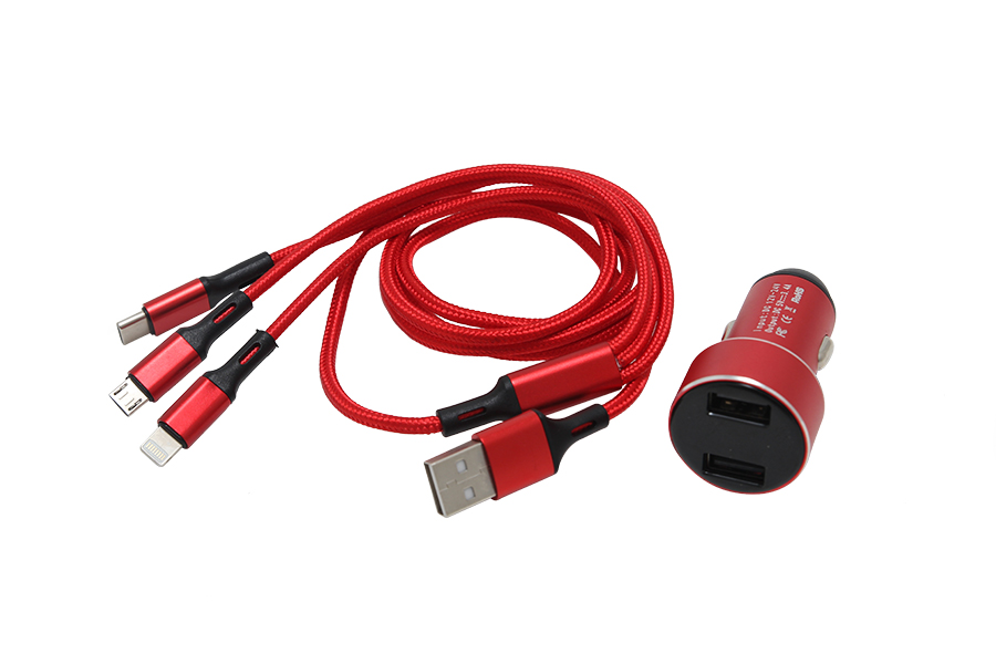 Bộ sạt ĐT 2 cổng + dây sạc 3 đầu C74 - 4.8A (Ip4 - Ip5 - micro USB - Type C) C74 đỏ