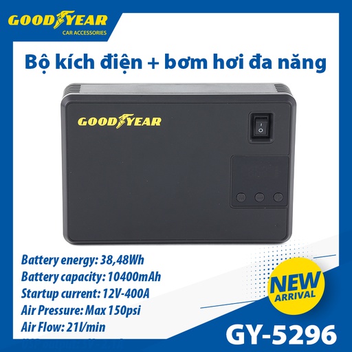 [BKDGY5296] Bộ kích điện+bơm hơi Goodyear GY-5296 12V 10400mAh - 400A - 38.48Wh-2.6A 150PSI-21L/min mặt đồng hồ điện tử