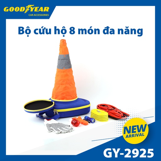 [BDSBGY2925] Bộ cứu hộ 8 món GOODYEAR GY-2925 (Dây sạc bình 2m5 250A, dây kéo xe 4m- đèn pin, búa thoát hiểm, bao tay, đèn pin, bảng tam giác cảnh báo, đèn tín hiệu, túi đựng)