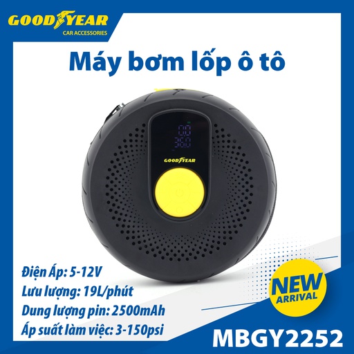 [MBGY2252] Máy bơm điện tử tròn GOODYEAR GY-2252 12V-2500mAh-27.7 Wh-60W-150psi-19L/min mặt đồng hồ điện tử