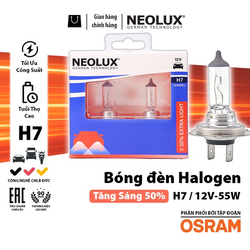 [BDNLXH712VN499EL50] Bóng Halogen Tăng Sáng 50% H7 12V 55W N499EL-2SCB Hiệu Neolux