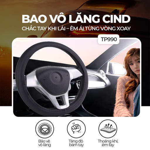 [BTLSMTP990D] Bao vô lăng CIND PU+TPE TP990 size M đen